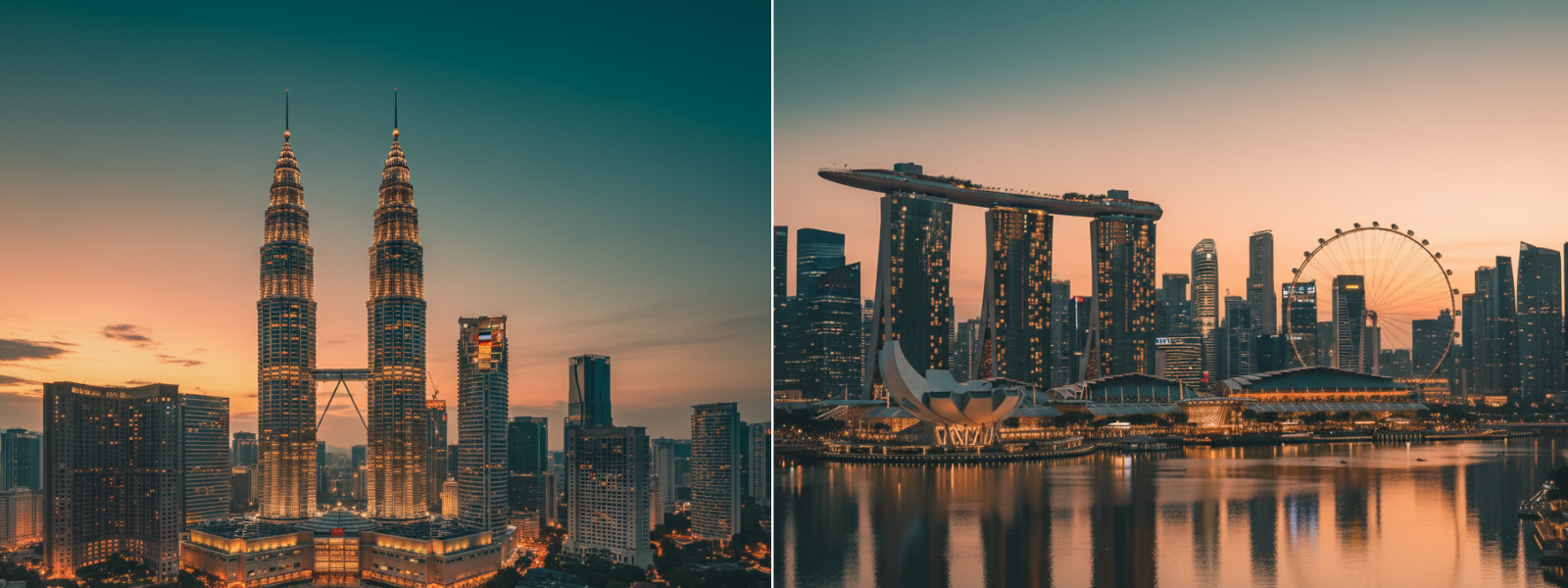 Kuala Lumpur and Singapore skylines at sunset